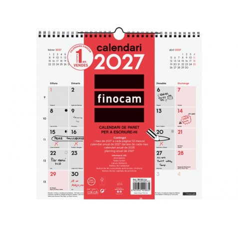 Finocam Neutro Calendario de Pared en Catalan - Anual 2027 - Mes Vista - 300x300mm - Espiral Doble - Papel de 120g/m2 - Espacio para Escribir - Color Rojo y Blanco