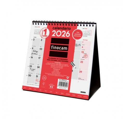 Finocam Calendario de Sobremesa - Anual 2026 - Meses en Solapa - 190x70x205mm - Espacio para Escribir - Color Blanco y Rojo