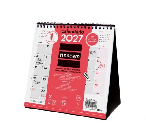 Finocam Neutro Calendario de Sobremesa - Anual 2027 - Mes Vista - Formato S - 190x190mm - Espiral Doble - Papel de 150g/m2 - Espacio para Escribir - Color Rojo y Blanco