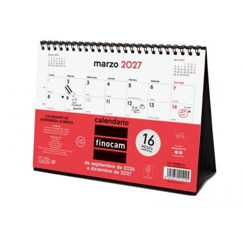 Finocam Neutro Calendario de Sobremesa - 16 Meses - Mes Vista - Formato S - 210x150mm - Espiral Doble Metalica - Papel de 120g/m2 - Listado de Festivos - Color Rojo/Blanco