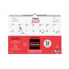Finocam Neutro Calendario de Pared en Catalan - 16 Meses - Mes Vista - Formato L - 340x240mm - Espiral Doble Metalica - Papel de 120g/m2 - Listado de Festivos - Color Rojo/Blanco