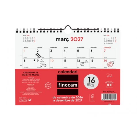 Finocam Neutro Calendario de Pared en Catalan - 16 Meses - Mes Vista - Formato S - 210x150mm - Espiral Doble Metalica - Papel de 120g/m2 - Listado de Festivos - Color Rojo/Blanco