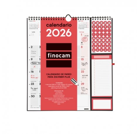 Finocam Calendario de Pared - Anual 2026 - Anilla Portaboligrafo - 300x11x335mm - Espacio para Escribir - Color Blanco y Rojo