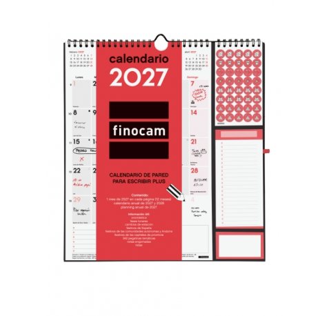 Finocam Neutro Calendario de Pared - Anual 2027 - Mes Vista - 300x340mm - Espiral Doble - Papel de 140g/m2 - Espacio para Escribir - Pegatinas Tematicas - Color Rojo y Blanco