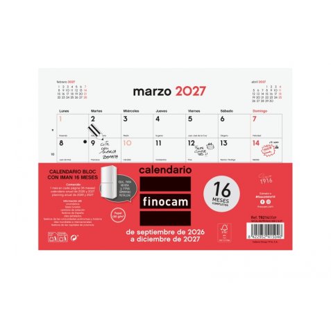 Finocam Neutro Bloc Calendario con Iman - 16 Meses - Mes Vista - Formato S - 210x150mm - Listado de Festivos - Papel de 120g/m2 - Listado de Festivos - Color Rojo/Blanco
