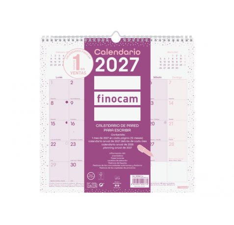 Finocam Chic Calendario de Pared - Anual 2027 - Mes Vista - 300x300mm - Espiral Doble - Papel de 120g/m2 - Espacio para Escribir - Color Morado