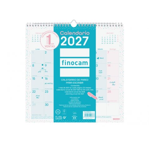 Finocam Chic Calendario de Pared - Anual 2027 - Mes Vista - 300x300mm - Espiral Doble - Papel de 120g/m2 - Espacio para Escribir - Color Turquesa