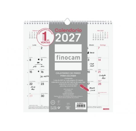Finocam Chic Calendario de Pared - Anual 2027 - Mes Vista - 300x300mm - Espiral Doble - Papel de 120g/m2 - Espacio para Escribir - Color Blanco