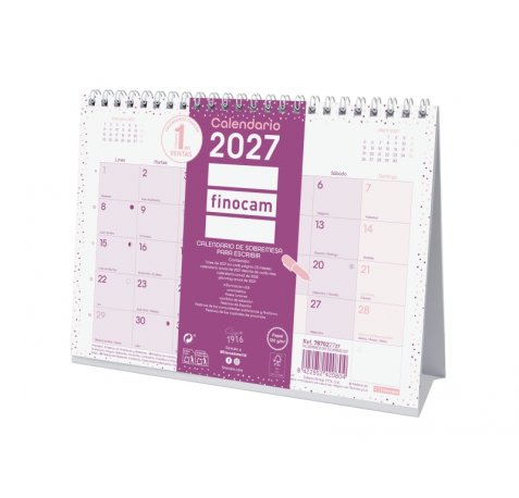 Finocam Trendy Chic Calendario de Sobremesa - Anual 2027 - Mes Vista - Formato S - 210x150mm - Espiral Doble - Papel de 120g/m2 - Espacio para Escribir - Color Morado