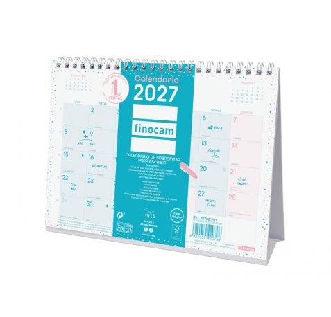 Finocam Trendy Chic Calendario de Sobremesa - Anual 2027 - Mes Vista - Formato S - 210x150mm - Espiral Doble - Papel de 120g/m2 - Espacio para Escribir - Color Turquesa