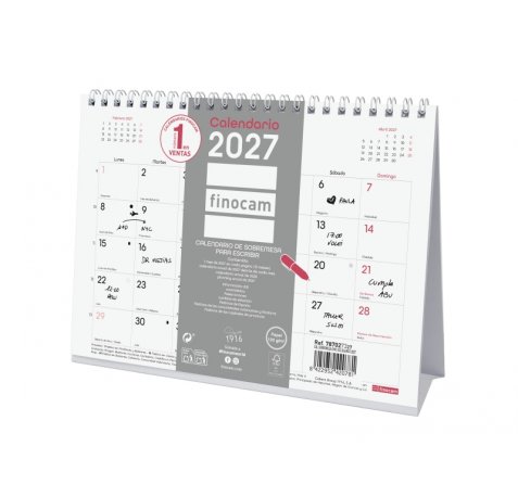 Finocam Trendy Chic Calendario de Sobremesa - Anual 2027 - Mes Vista - Formato S - 210x150mm - Espiral Doble - Papel de 120g/m2 - Espacio para Escribir - Color Blanco