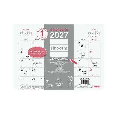 Finocam Trendy Chic Calendario con Iman - Anual 2027 - Mes Vista - Formato S - 210x150mm - Encolado - Papel de 120g/m2 - Espacio para Escribir - Color Blanco
