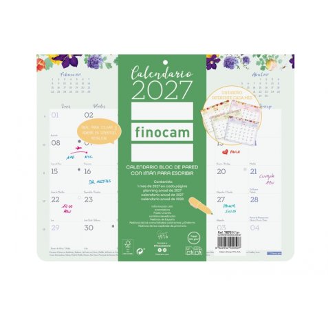 Finocam Design Calendario de Pared con Iman - Anual 2027 - Mes Vista - 250x200mm - Encolado - Papel de 120g/m2 - Espacio para Anotaciones - Multicolor