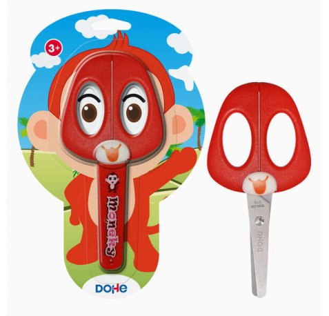Dohe Tijera Escolar para Niños - Acero Inoxidable - Puntas Redondeadas - Funda para las Hojas - Diseño Mono