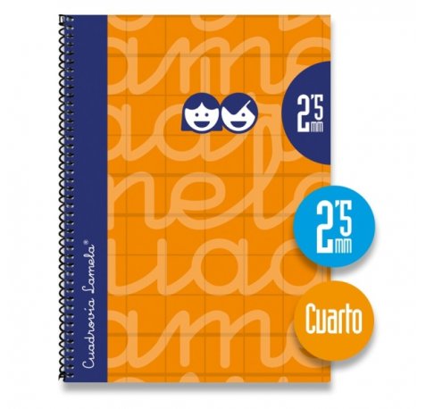 Lamela Cuaderno Espiral con 80 Hojas de 70g/m2 con Margen - Formato Cuarto - Pauta Cuadrovia de 2.5mm - Cubierta Extra Dura - Papel Offset Blanco Extra - Color Naranja