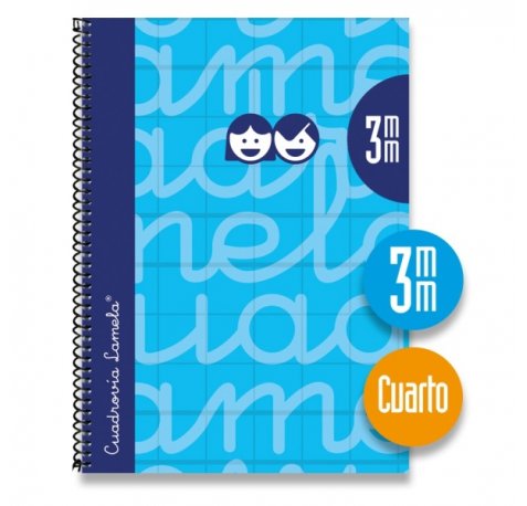 Lamela Cuaderno Espiral con 80 Hojas de 70g/m2 con Margen - Formato Cuarto - Pauta Cuadrovia de 3mm - Cubierta Extra Dura - Papel Offset Blanco Extra - Color Azul