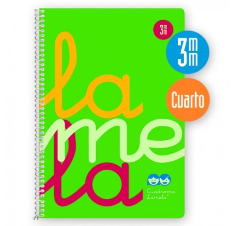 Lamela Cuaderno Espiral con 80 Hojas de 90g/m2 con Margen - Formato Cuarto - Pauta Cuadrovia de 3mm - Cubierta Extra Dura - Papel Offset Blanco Extra - Color Verde