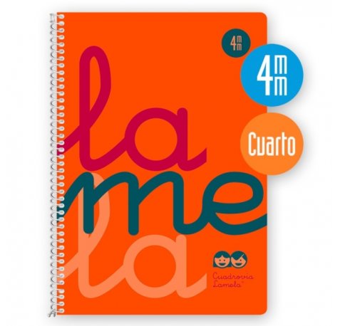 Lamela Cuaderno Espiral con 80 Hojas de 90g/m2 con Margen - Formato Cuarto - Pauta Cuadrovia de 4mm - Cubierta Extra Dura - Papel Offset Blanco Extra - Color Naranja