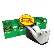 Scotch Magic Pack de 16 Cintas Adhesivas Invisibles 19mm x 33m + Dispensador Gratis - Color del Dispensador Negro/Gris