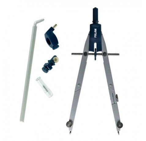 Milan Compas Escolar con Bigotera Automatica y 2 Articulaciones - Autocentrado Ilimitado - Contiene Minas de Recambio, Adaptador para Rotuladores Tecnicos y Alargadera - Color Acero