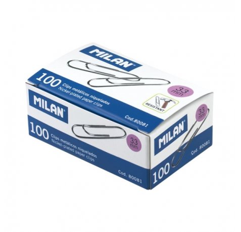 Milan Caja de 100 Clips Labiados Niquelados 33mm