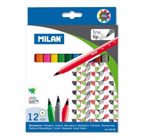 Milan Pack de 12 Rotuladores - Punta Fina de 2mm - Tinta al Agua - Lavable - Colores Surtidos