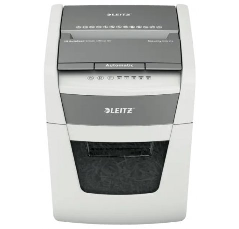 Leitz IQ Autofeed 50X P4 Destructora Automatica de Papel Corte en Particulas P-4 - Autoalimentacion 50 Hojas, Manual 6 Hojas - Papelera de 20L - Color Blanco