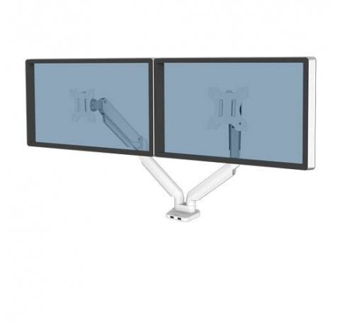 Fellowes Platinum Series Brazo para Monitor Doble - Hasta 27" y 9kg - 2 Puertos USB - Ajustable con Muelle de Gas - Color Blanco