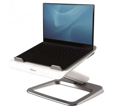 Fellowes Hana Soporte para Portatil - Sistema de Muelle a Gas - Inclinacion Maxima 95º - 4 Puertos USB - Base de Aluminio y Plataforma de Madera - Hasta 29 Pulgadas - Color Blanco
