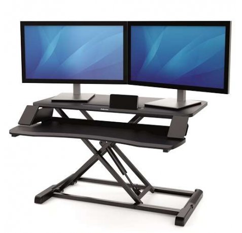 Fellowes Sit-Stand Corsivo Estación de Trabajo - Sistema de Muelle a Gas - Amplia Plataforma Superior - Plataforma Inferior para Raton y Teclado - Color Negro