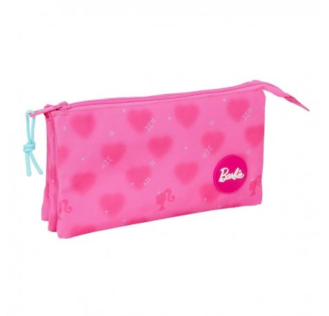 Safta Barbie Corazones Portatodo - 3 Compartimentos con Cremalleras - Bolsillo Interior - 0.6L - 220x30x120mm - Color Rosa