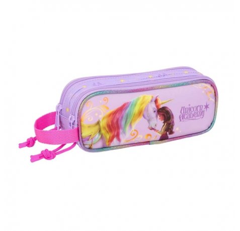 Safta Unicorn Academy Portatodo - 2 Compartimentos con Cremalleras - Asa Lateral - 1L - 210x60x80mm - Color Rosa