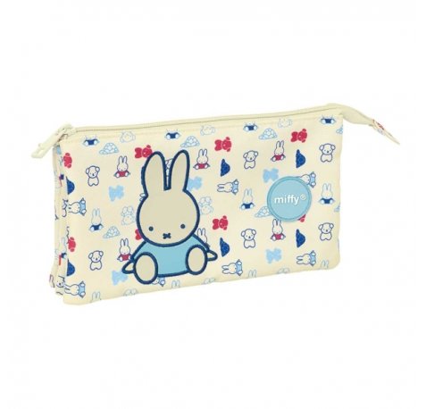 Safta Miffy Buddy Portatodo - 3 Compartimentos con Cremalleras - Resistente al Agua - Material Reciclado - 0.6L - 220x30x120mm - Color Beige