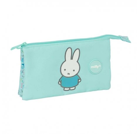 Safta Miffy Friends Portatodo - 3 Compartimentos con Cremalleras - Bolsillo Interior - Resistente al Agua - Material Reciclado - 0.6L - 220x30x120mm - Color Azul Claro