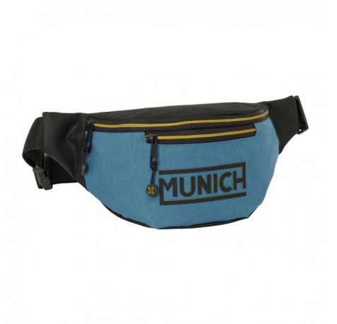 Safta Munich Bolsa de Cintura - Cremallera - Cintas Ajustables - Cierre de PVC - Bolsillo Frontal - 23x12x9cm - Color Negro y Azul