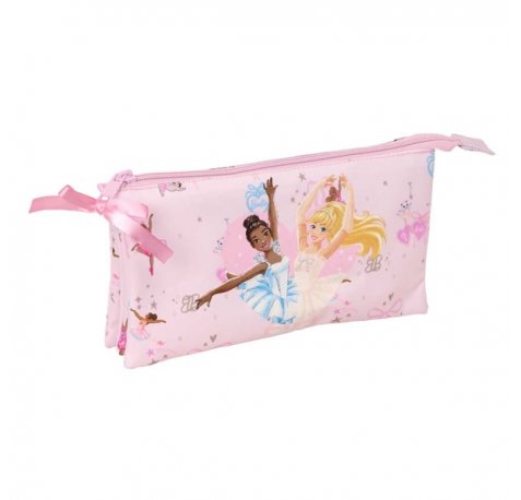 Safta Barbie Ballet Portatodo - 3 Compartimentos con Cremallera - Bolsillo Interior Central - 22x12x3cm - Color Rosa