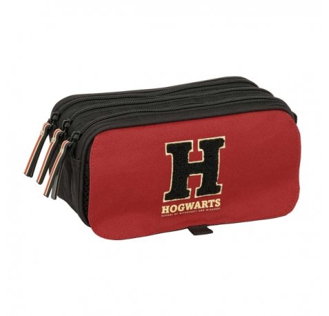 Safta Harry Potter Hogwarts Portatodo - 3 Compartimentos con Cremallera - Cinta Trasera Adaptable - Bolsillo Frontal de Rejilla con Velcro - 21.5x10x8cm - Color Negro y Rojo
