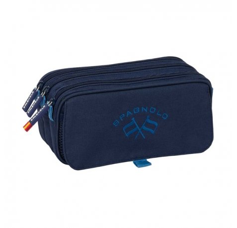 Safta Spagnolo Portatodo - 3 Compartimentos con Cremallera - Cinta Trasera Adaptable - Bolsillo Frontal de Rejilla con Velcro - 21.5x10x8cm - Color Azul Noche