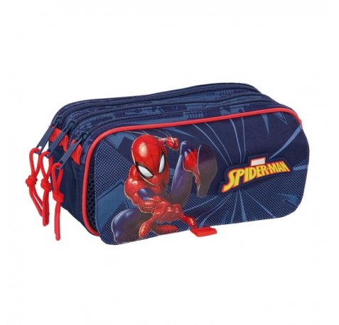 Safta Spider-Man Portatodo - 3 Compartimentos con Cremalleras - Bolsillo Frontal - Cinta Adaptable - 1.72L - 215x80x100mm - Color Azul Marino