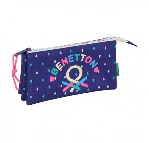 Safta Benetton Drop Portatodo - 3 Compartimentos con Cremalleras - Bolsillo Interior - 0.6L - 220x30x120mm - Color Azul Oscuro