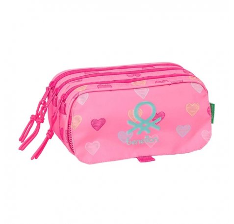 Safta Benetton Heart Portatodo - 3 Compartimentos con Cremalleras - Bolsillo Frontal - Cinta Adaptable - 1.72L - 215x80x100mm - Color Rosa