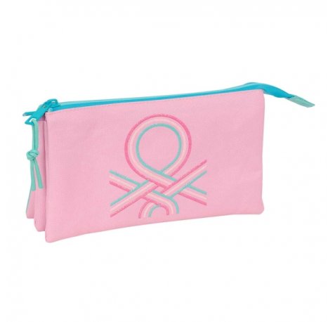 Safta Benetton Dolce Portatodo - 3 Compartimentos con Cremalleras - Bolsillo Interior - 0.6L - 220x30x120mm - Color Rosa Pastel