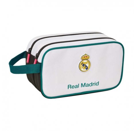 Safta Real Madrid Equipacion 26/27 Neceser - 2 Compartimentos con Cremallera - Adaptable a Carro - Asa de Mano Lateral - 26x15x12.5cm - Color Blanco y Negro