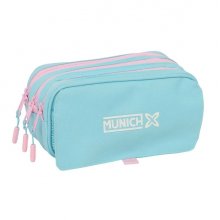 Safta Munich Sky Portatodo - 3 Compartimentos con Cremallera - Cinta Trasera Adaptable - Bolsillo Frontal de Rejilla con Velcro - 21.5x10x8cm - Color Azul Pastel