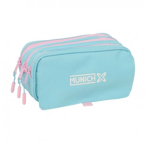 Safta Munich Sky Portatodo - 3 Compartimentos con Cremallera - Cinta Trasera Adaptable - Bolsillo Frontal de Rejilla con Velcro - 21.5x10x8cm - Color Azul Pastel