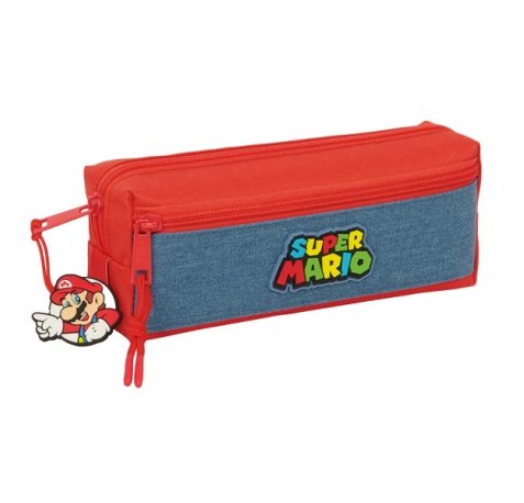 Safta Super Mario Portatodo - 3 Compartimentos con Cremallera - Goma Elastica - Compacto - 22x8.5x6cm - Color Rojo y Azul