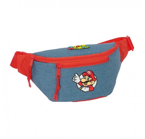 Safta Super Mario Bolsa de Cintura - Cremallera - Cintas Ajustables - Cierre de PVC - Bolsillo Frontal - 23x12x9cm - Color Rojo y Azul