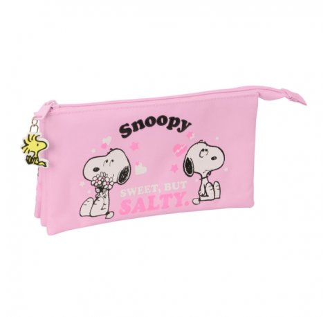 Safta Snoopy Portatodo - 3 Compartimentos con Cremallera - Bolsillo Interior Central - 22x12x3cm - Color Rosa