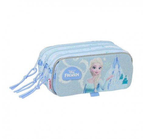 Safta Frozen Portatodo - 3 Compartimentos con Cremallera - Cinta Trasera Adaptable - Bolsillo Frontal de Rejilla con Velcro - 21.5x10x8cm - Color Azul Pastel