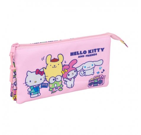 Safta Hello Kitty and Friends Portatodo - 3 Compartimentos con Cremallera - Bolsillo Interior Central - 22x12x3cm - Color Rosa